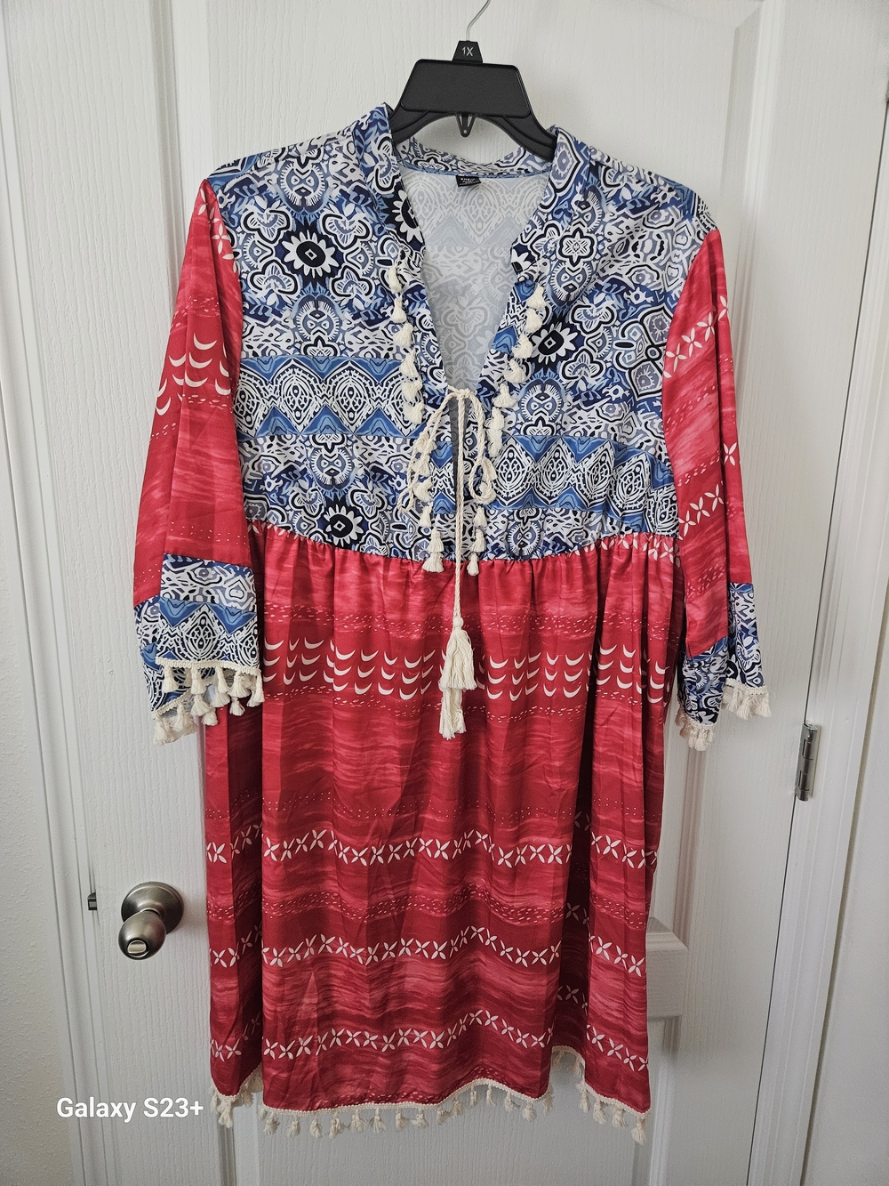 SHEIN Red and Blue Boho Tie-Front Midi Dress